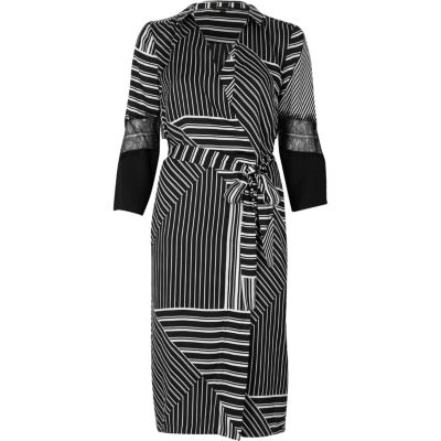 Black stripe plunge wrap dress
